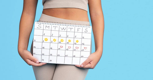Woman holding a calendar tracking cycle and weight loss days.